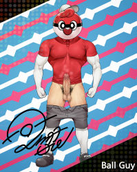 Rule 34 | 1boy, ball guy, bara, baseball cap, covered erect nipples, creatures (company), elbow gloves, erection, full body, game freak, gloves, grey pants, hat, highres, league card, leg hair, looking at viewer, male focus, male pubic hair, muscular, muscular male, nintendo, open pants, pants, pectorals, penis, pokemon, pokemon swsh, precum, pubic hair, red shirt, shirt, solo, thick thighs, thighs, uncensored, white gloves, winemvee