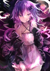 Rule 34 | 1girl, :q, absurdres, black jacket, blue eyes, blush, criss-cross halter, dress, hair between eyes, hair ornament, halterneck, headset, highres, jacket, kaamin (mariarose753), long sleeves, off shoulder, purple dress, purple hair, short hair with long locks, solo, tongue, tongue out, vocaloid, voiceroid, yuzuki yukari