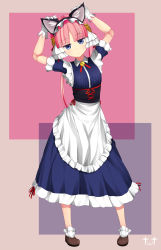 Rule 34 | 10s, 1girl, android, animal ears, apron, blue eyes, cat ears, clarion, cyborg, doll joints, full body, highres, joints, koukaku no pandora, long hair, looking at viewer, maid apron, maid headdress, panties, pink hair, side-tie panties, simple background, solo, twintails, twt, underwear