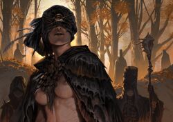 Rule 34 | 1girl, 2boys, 3others, autumn leaves, black robe, breasts, cloak, conch, covered eyes, degenesis, forest, highres, medium breasts, multiple boys, multiple others, nature, nipples, parted lips, robe, scar, scar on stomach, sixmorevodka, staff