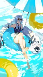 Rule 34 | absurdres, ahoge, bare shoulders, barefoot, beach, black one-piece swimsuit, character name, detached sleeves, eyewear on head, feet, grey eyes, hair between eyes, highres, lifebuoy, long hair, messy hair, no.21: xxi (punishing: gray raven), no.21: xxi (solar frost) (punishing: gray raven), no.21 (punishing: gray raven), non-humanoid robot, ocean, one-piece swimsuit, punishing: gray raven, robot, sleeves past fingers, sleeves past wrists, soles, sunglasses, swim ring, swimsuit, toes, white hair, white sleeves, xe367