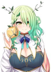 Rule 34 | 1girl, antlers, apple, braid, braided bangs, branch, breasts, ceres fauna, ceres fauna (1st costume), cleavage, flower, food, fruit, golden apple, green hair, hair flower, hair ornament, highres, hololive, hololive english, horns, jewelry, large breasts, long hair, looking at viewer, mole, mole under eye, multicolored hair, simple background, smile, solo, the only shoe, virtual youtuber, white background, yellow eyes