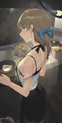 Rule 34 | 1girl, absurdres, black shorts, blonde hair, blue archive, blue eyes, blue hair, blue halo, blush, braid, breasts, cooking, cooking pot, cowboy shot, dolphin shorts, fried egg, from side, frying pan, halo, highres, indoors, kitchen, kji (rozo), long hair, looking at viewer, looking to the side, medium breasts, multicolored hair, profile, shorts, solo, stove, streaked hair, toki (blue archive)