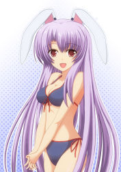 Rule 34 | 1girl, absurdres, animal ears, bad id, bad pixiv id, bikini, breasts, rabbit ears, female focus, front-tie top, own hands clasped, highres, long hair, medium breasts, nama gusa, own hands together, purple hair, reisen udongein inaba, smile, solo, swimsuit, touhou, v arms, very long hair