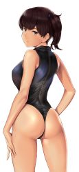 Rule 34 | 1girl, ass, back, bare shoulders, black one-piece swimsuit, breasts, brown eyes, brown hair, closed mouth, hair between eyes, highleg, highleg swimsuit, highres, kaga (kancolle), kantai collection, long hair, looking at viewer, one-piece swimsuit, one-piece thong, side ponytail, simple background, solo, swimsuit, thighs, wa (genryusui), white background