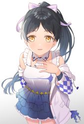 Rule 34 | 1girl, bad id, bad pixiv id, bare shoulders, black hair, bow, breasts, commentary request, facing viewer, frilled skirt, frills, gradient background, hair bow, hajimari wa kimi no sora, hand on own chest, hazuki ren, highres, jacket, long hair, looking at viewer, love live!, love live! superstar!!, medium breasts, open clothes, open jacket, parted lips, ponytail, saki usagi, skirt, solo, swept bangs, upper body, white background, white bow, white jacket, yellow eyes