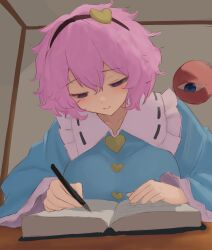 Rule 34 | 1girl, absurdres, blue eyes, book, closed mouth, commentary request, half-closed eyes, heart, highres, holding, holding pencil, komeiji satori, long sleeves, looking at viewer, moriforest1040, pencil, pink hair, short hair, smile, solo, third eye, touhou, upper body