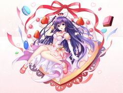 Rule 34 | 1girl, :d, alternate costume, ami (mixin), armpits, asymmetrical gloves, bare legs, bare shoulders, blush, breasts, chocolate, date a live, detached collar, dress, food, food-themed hair ornament, food themed hair ornament, fruit, full body, gloves, hair between eyes, hair ornament, hair ribbon, heart, heart-shaped cake, heart background, high heels, highres, long hair, looking at viewer, macaron, mary janes, medium breasts, multicolored eyes, open mouth, purple eyes, purple hair, red ribbon, ribbon, ribbon-trimmed dress, shoes, shoulder strap, sitting, smile, solo, strawberry, strawberry hair ornament, uneven gloves, very long hair, white dress, yatogami tooka, yellow eyes