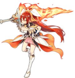 Rule 34 | 1girl, ark order, armored boots, artist request, black cape, black gloves, black socks, boots, bow, breasts, cape, dress, fingerless gloves, fire, fire hair ornament, flaming sword, flaming weapon, gloves, hair bow, hand on own hip, high ponytail, holding, holding sword, holding weapon, kneehighs, large breasts, long hair, looking at viewer, official art, one eye closed, pink skirt, prometheus (ark order), red eyes, red hair, skirt, smile, socks, solo, sword, tachi-e, transparent background, very long hair, weapon, white bow, white footwear