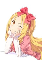 Rule 34 | &gt;;), 10s, 1girl, ;), artist name, blonde hair, dated, dress, eromanga sensei, errant, hairband, hands on own cheeks, hands on own face, long hair, long sleeves, looking at viewer, one eye closed, pink dress, red ribbon, ribbon, smile, solo, v-shaped eyebrows, yamada elf