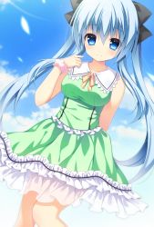 Rule 34 | 1girl, arm behind back, bare arms, bare shoulders, black bow, blue eyes, blue hair, blue sky, blush, bow, breasts, cloud, collarbone, commentary, day, dutch angle, eyes visible through hair, frilled skirt, frills, green shirt, green skirt, hair between eyes, hair bow, hand up, highres, light blue hair, long hair, looking at viewer, medium breasts, neck ribbon, original, outdoors, pimopi, pink scrunchie, pointing, pointing at self, ribbon, scrunchie, see-through, shirt, skirt, sky, sleeveless, sleeveless shirt, smile, solo, twintails, very long hair, wrist scrunchie, yellow ribbon