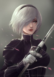 Rule 34 | 2b (nier:automata), absurdres, android, black dress, black hairband, blue eyes, cleavage cutout, clothing cutout, dress, eyelashes, facing viewer, gloves, grey background, hair over one eye, hairband, highres, holding, holding sword, holding weapon, joints, juliet sleeves, long sleeves, mole, mole under mouth, nier:automata, nier (series), pink lips, puffy sleeves, robot joints, silver hair, solo, sword, turtleneck, turtleneck dress, vambraces, watermark, weapon, web address, white gloves