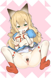 Rule 34 | 1girl, :d, animal ears, anus, ass, blonde hair, blush, cat ears, censored, clitoral hood, full body, green eyes, highres, long hair, looking at viewer, meowstress, monster hunter, monster hunter (series), monster hunter x, nekojo, novelty censor, ok sign, open mouth, phara, pointy ears, pussy, smile, solo, spread legs, spread pussy, thighhighs, white thighhighs
