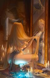 Rule 34 | 1girl, 1other, absurdly long hair, absurdres, ambiguous gender, artist name, artstation username, backless dress, backless outfit, black dress, blonde hair, bracelet, breasts, candle, center opening, commentary, dress, elden ring, hair over one eye, high heels, highres, hooded robe, indoors, jewelry, large breasts, long hair, mirror, nail polish, necklace, olga korezky, pelvic curtain, queen marika the eternal, reflection, robe, see-through, see-through dress, sideboob, spread legs, squatting, thick thighs, thighs, toes, very long hair, watermark, web address, yellow eyes