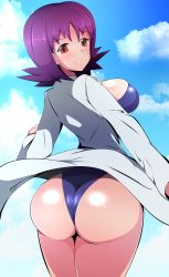 Rule 34 | 1girl, alternate breast size, ass, bare legs, beach, between breasts, blue one-piece swimsuit, blue sky, blush, breasts, brown eyes, cleavage, cloud, cloudy sky, coat, creatures (company), curvy, day, female focus, game freak, harubato, highleg, highleg swimsuit, highres, huge ass, lab coat, large breasts, looking at viewer, looking back, nintendo, one-piece swimsuit, philena ivy, pokemon, pokemon (anime), pokemon (classic anime), purple hair, shiny clothes, shiny skin, shiny swimsuit, skindentation, sky, smile, solo, spiked hair, swimsuit, wide hips