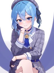 Rule 34 | 1girl, absurdres, ascot, belt, beret, black gloves, blue ascot, blue choker, blue eyes, blue hair, blush, bracelet, brooch, choker, closed mouth, crossed legs, fawny, gloves, hat, highres, hololive, hoshimachi suisei, hoshimachi suisei (1st costume), jewelry, looking at viewer, partially fingerless gloves, plaid, plaid headwear, side ponytail, sitting, smile, solo, star (symbol), star in eye, symbol in eye, virtual youtuber