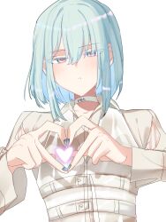 18trip 1boy 4-finger_heart_hands arms_up azekawa_kinari barcode belt blue_hair collar hair_between_eyes heart heart_hands highres light_blue_hair light_blush long_sleeves looking_at_viewer medium_hair red_pupils shirt simple_background solo user_ukhn4422 white_background white_belt white_collar white_eyes white_shirt