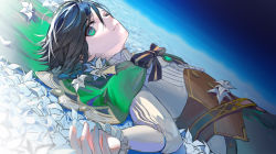 Rule 34 | 1boy, androgynous, black hair, blue hair, bow, braid, brooch, cape, closed mouth, collared cape, collared shirt, commentary request, corset, dutch angle, flower, frilled sleeves, frills, gem, genshin impact, gradient hair, green cape, green eyes, highres, jewelry, long sleeves, looking at viewer, lying, male focus, multicolored hair, on back, shirt, short hair with long locks, side braids, sidelocks, smile, solo, twin braids, vanink, venti (genshin impact), white flower, white shirt