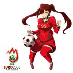 Rule 34 | 00s, 1girl, 2008, aguhari, bad id, bad pixiv id, ball, brown hair, clothes writing, europass, hip focus, long hair, original, playing sports, portugal, smile, soccer, soccer ball, solo, sportswear, thighhighs, twintails, wide hips