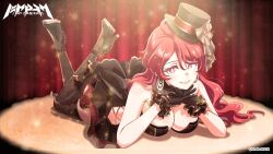 Rule 34 | 1girl, ahoge, artist request, breasts, cleavage, curtains, gloves, hat, high heels, highres, large breasts, looking at viewer, lying, magicami, official art, official wallpaper, ohtori aka, red eyes, red hair, smile, thighhighs, top hat