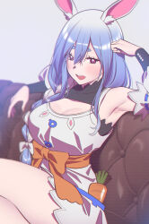Rule 34 | 1girl, andrian januar adilia, animal ears, armpits, blue hair, braid, breasts, carrot, couch, dress, highres, hololive, large breasts, long hair, mature female, open mouth, pekomama, purple eyes, rabbit ears, sitting, virtual youtuber, white background, white dress