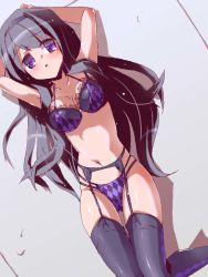 Rule 34 | 10s, 1girl, akemi homura, arms up, black hair, black thighhighs, blush, bra, breasts, garter belt, garter straps, hairband, lace, lace-trimmed bra, lace trim, legs, lingerie, long hair, lying, mahou shoujo madoka magica, mahou shoujo madoka magica (anime), medium breasts, miuku (marine sapphire), navel, on back, panties, purple eyes, solo, thigh gap, thighhighs, thighs, underwear, underwear only
