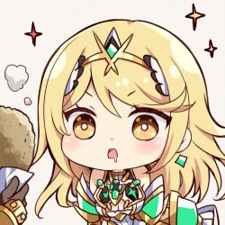 Rule 34 | 1boy, 1girl, bare shoulders, blonde hair, blush, breasts, brown eyes, cleavage, cleavage cutout, clothing cutout, commentary request, dress, food, grey background, headpiece, highres, holding, holding food, long hair, medium breasts, mythra (xenoblade), rex (xenoblade), simple background, sleeveless, sleeveless dress, solo focus, sparkle, steam, ui frara, v-shaped eyebrows, very long hair, white dress, xenoblade chronicles (series), xenoblade chronicles 2