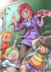 Rule 34 | 1girl, 2016, 3boys, aged up, blonde hair, book, chalk, chalkboard, character request, classroom, commentary request, eyelashes, formal, glasses, highres, isedaichi ken, jacket, long hair, lush, multiple boys, open mouth, pantyhose, pink eyes, pink hair, precure, solo, suit jacket, teacher, teacher and student, translation request, twitter username, yellow eyes, yes! precure 5, yumehara nozomi