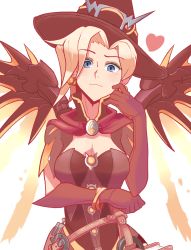 Rule 34 | 1girl, blonde hair, blue eyes, breasts, cleavage, earrings, hat, heart, highres, jack-o&#039;-lantern, jack-o&#039;-lantern earrings, jewelry, looking at viewer, mechanical wings, medium breasts, mercy (overwatch), official alternate costume, overwatch, overwatch 1, sally (luna-arts), smile, solo, upper body, wings, witch hat, witch mercy