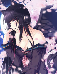 Rule 34 | 1girl, absurdres, animal ears, bad id, bad pixiv id, bare shoulders, black hair, black shirt, black wings, blunt bangs, blush, breasts, cat ears, cat girl, cat tail, cherry blossoms, cleavage, collarbone, feathered wings, feathers, full moon, hand up, highres, large breasts, long hair, long sleeves, looking at viewer, moon, nanomate3, neckerchief, night, night sky, off-shoulder shirt, off shoulder, original, outdoors, parted lips, petals, pink eyes, school uniform, serafuku, shirt, sky, solo, spread wings, string, tail, very long hair, wings