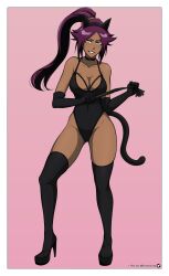 Rule 34 | 1girl, absurdres, animal ears, black gloves, black leotard, black thighhighs, bleach, blush, bondage outfit, boots, breasts, cat ears, cat tail, choker, cleavage, collar, dark-skinned female, dark skin, elbow gloves, fake animal ears, fake tail, female focus, full body, gloves, hairband, high heel boots, high heels, highleg, highleg leotard, highres, holding, holding whip, large breasts, leotard, long hair, looking at viewer, mistowing, pink background, ponytail, purple hair, shihouin yoruichi, simple background, smile, solo, standing, tail, thigh boots, thighhighs, twitter logo, twitter username, very long hair, whip, wide hips, yellow eyes
