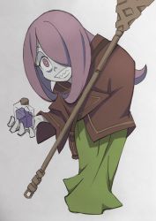 Rule 34 | 10s, 1girl, 2016, arai hiroki, bottle, broom, carrying over shoulder, dress, grey background, grin, hair over one eye, highres, holding, little witch academia, long hair, pale skin, potion, purple hair, red eyes, shadow, sharp teeth, simple background, smile, solo, sucy manbavaran, tagme, teeth, textless version, twitter