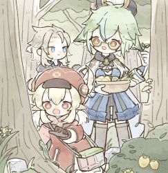 Rule 34 | 1boy, 2girls, ahoge, albedo (genshin impact), animal, animal ears, aqua hair, berry, blonde hair, blue eyes, brown gloves, bush, closed mouth, clover, day, dress, feathers, flower, forest, four-leaf clover, genshin impact, glasses, gloves, green hair, grey hair, hat, hat feather, highres, insect cage, klee (genshin impact), lizard, long hair, long sleeves, low twintails, multicolored hair, multiple girls, nature, open mouth, outdoors, red dress, red eyes, rock, shionosuke, standing, streaked hair, sucrose (genshin impact), thighhighs, tree, twintails, white gloves, yellow eyes