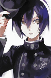 Rule 34 | 1boy, black hair, black hat, black jacket, breast pocket, brown eyes, buttons, chachi (azuzu), commentary request, danganronpa (series), danganronpa v3: killing harmony, double-breasted, gakuran, grey background, hair between eyes, hand up, hat, holding, jacket, long sleeves, looking at viewer, male focus, multicolored hair, parted lips, pocket, purple hair, saihara shuichi, school uniform, simple background, solo, striped clothes, striped jacket, teeth, two-tone hair, upper body, weapon, yellow eyes