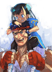 Rule 34 | 1990s (style), 1boy, 1girl, black hair, blue eyes, boots, bracelet, bun cover, capcom, child, china dress, chinese clothes, chun-li, double bun, dress, finger in another&#039;s mouth, fingerless gloves, fingersmile, gloves, grin, hair bun, headband, jewelry, kitano yuusuke, muscular, muscular child, pantyhose, pelvic curtain, retro artstyle, ryu (street fighter), short hair, smile, spiked bracelet, spikes, street fighter, street fighter ii (series), thighs