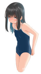 1girl adjusting_clothes adjusting_swimsuit artist_name bare_shoulders black_hair blue_one-piece_swimsuit blush breasts closed_mouth competition_school_swimsuit cropped_legs dated dot_mouth grey_eyes highres long_hair looking_ahead one-piece_swimsuit original retsumaru school_swimsuit sidelocks signature simple_background small_breasts solo swimsuit white_background