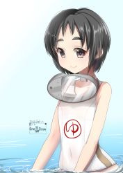 Rule 34 | 1girl, black hair, brown eyes, covered navel, cowboy shot, diving mask, diving mask around neck, goggles, highres, kantai collection, kimura shiki, maru-yu (kancolle), one-hour drawing challenge, one-piece swimsuit, school swimsuit, short hair, simple background, solo, swimsuit, thick eyebrows, upper body, white background, white one-piece swimsuit