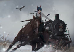 Rule 34 | 1girl, absurdres, arknights, bird, black gloves, black pants, blue hair, ch&#039;en (arknights), chinese commentary, chromatic aberration, cjmy, commentary request, gloves, grass, grey sky, gun, highres, holding, holding gun, holding weapon, horns, horse, horseback riding, locomotive, long hair, low ponytail, necktie, open mouth, outdoors, pants, ponytail, red eyes, riding, rifle, shirt, sidelocks, sky, snow, solo, steam locomotive, sunglasses, train, weapon, white shirt