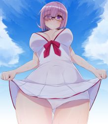 Rule 34 | 1girl, bare shoulders, breasts, cleavage, closed mouth, clothes lift, cowboy shot, day, dress, dress lift, dura, embarrassed, eyes visible through hair, fate/grand order, fate (series), glasses, hair over one eye, highres, looking at viewer, looking down, mash kyrielight, mash kyrielight (swimsuit of perpetual summer), medium breasts, official alternate costume, one-piece swimsuit, outdoors, purple eyes, purple hair, pussy, see-through, short dress, short hair, sky, solo, sweat, swimsuit, thigh gap, white dress, white one-piece swimsuit