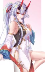 Rule 34 | 1girl, absurdres, breasts, china dress, chinese clothes, closed mouth, detached sleeves, dress, fate/grand order, fate (series), hair between eyes, heroic spirit traveling outfit, highres, horns, large breasts, long hair, looking at viewer, oni horns, ponytail, red horns, side slit, sidelocks, silver hair, sleeveless, sleeveless dress, smile, thighs, tomoe gozen (fate), tomoe gozen (traveling outfit) (fate), very long hair, white dress, wide sleeves, yahan (mctr5253)