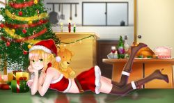 Rule 34 | absurdres, arm support, artoria pendragon (all), artoria pendragon (fate), bad id, bad pixiv id, belt, blonde hair, bomhat, boots, bottle, cake, candy, candy cane, christmas lights, christmas ornaments, christmas tree, cross-laced footwear, cup, drinking glass, fate/stay night, fate (series), food, fur-trimmed boots, fur trim, green eyes, hat, highres, lace-up boots, looking at viewer, lying, midriff, on stomach, ornament, saber (fate), santa costume, santa hat, solo, stuffed animal, stuffed lion, stuffed toy, table, thighhighs, thighs, turkey (food), wine bottle, wine glass