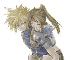 Rule 34 | 1990s (style), 1boy, 1girl, aqua eyes, armor, belt, blonde hair, brown hair, carrying, closed eyes, closed mouth, cloud strife, couple, final fantasy, final fantasy vii, green eyes, hand on another&#039;s shoulder, headband, hetero, high ponytail, hood, hoodie, jessie rasberry, long hair, looking at another, looking back, lowres, midriff, nukomiso, on person, pauldrons, piggyback, ponytail, red headband, retro artstyle, shirt, short hair, short sleeves, shorts, shoulder armor, shoulder pads, sleeveless, sleeveless turtleneck, spiked hair, suspenders, turtleneck, upper body, walking