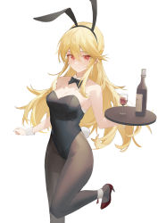 Rule 34 | 1girl, absurdres, alcohol, animal ears, bare shoulders, black bow, black bowtie, black hairband, black leotard, black pantyhose, blonde hair, bow, bowtie, breasts, cleavage, commentary request, copyright request, cup, detached collar, drinking glass, fake animal ears, foot up, hair between eyes, hairband, high heels, highres, holding, holding tray, leotard, long hair, looking at viewer, luozhou pile, medium breasts, pantyhose, playboy bunny, rabbit ears, rabbit tail, red eyes, red footwear, simple background, solo, standing, standing on one leg, strapless, strapless leotard, tail, tray, white background, wine, wine glass, wrist cuffs