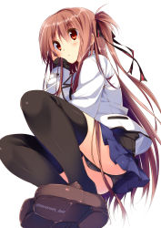 Rule 34 | 1girl, black panties, black thighhighs, blazer, brown hair, buttons, feet together, from below, hair ribbon, head rest, highres, jacket, kuwashima rein, loafers, long hair, one side up, original, panties, pantyshot, pleated skirt, red eyes, ribbon, shoes, simple background, skirt, sleeves past wrists, solo, sweater, thighhighs, tororo inniina, twintails, two side up, underwear, upskirt, white background, zettai ryouiki