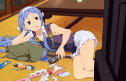 Rule 34 | 00s, 1girl, absurdres, arm support, blue hair, blunt bangs, candy, controller, flat chest, food, hair tubes, hairband, headband, highres, kannagi, lazy, long hair, lying, miniskirt, nagi, official art, on floor, on side, open mouth, pillow, pleated skirt, purple eyes, remote control, ribbon, scan, skirt, solo, star (symbol), table, tank top, tatami, television, very long hair, wand, white skirt