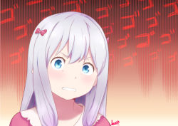 Rule 34 | &gt;:(, angry, blue eyes, bow, clenched teeth, eromanga sensei, frown, highres, izumi sagiri, long hair, looking at viewer, moemaru, pink bow, red background, silver hair, solo, teeth, v-shaped eyebrows