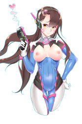 Rule 34 | 1girl, blush, bodysuit, breastless clothes, breasts, breasts out, brown eyes, brown hair, covered navel, cowboy shot, d.va (overwatch), facial mark, finger on trigger, framed breasts, gloves, gun, hand on own hip, handgun, headphones, heart, holding, holding gun, holding weapon, large breasts, long hair, looking at viewer, nipples, overwatch, overwatch 1, parted lips, pilot suit, pistol, qing lan, simple background, smoke, solo, thigh gap, weapon, whisker markings, white background, white gloves