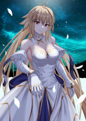 Rule 34 | 1girl, absurdres, antenna hair, archetype earth, arcueid brunestud, blonde hair, breasts, cleavage, closed mouth, detached collar, dress, elbow gloves, fate/grand order, fate (series), gloves, highres, ituka kanau, long hair, looking at viewer, medium breasts, red eyes, smile, solo, strapless, strapless dress, tsukihime, white dress, white gloves