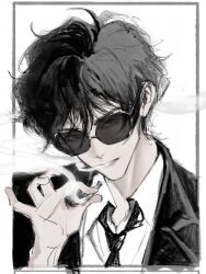 Rule 34 | 1boy, blowing smoke, border, cigarette, collared shirt, formal, hand up, highres, holding, holding cigarette, jacket, looking at viewer, male focus, matsuda jinpei, meitantei conan, monochrome, necktie, outside border, parted lips, portrait, shirt, short hair, simple background, sketch, smile, smoke, smoking, solo, suit, sunglasses, willowofzion