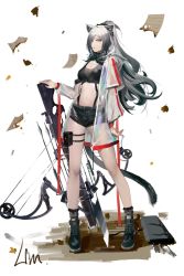 Rule 34 | 1girl, animal ears, arknights, black footwear, bow (weapon), breasts, cat ears, chinese commentary, commentary request, crop top, crossbow, full body, highres, jacket, linjianga lin, long hair, long sleeves, looking at viewer, medium breasts, midriff, navel, open clothes, open jacket, planted, pouch, schwarz (arknights), shoes, silver hair, simple background, solo, standing, stomach, thigh strap, thighs, very long hair, weapon, white background, white jacket, yellow eyes